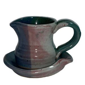 Artists Hand Thrown Multi Color Creamer & Spoon rest ￼Signed By Artist Vintage